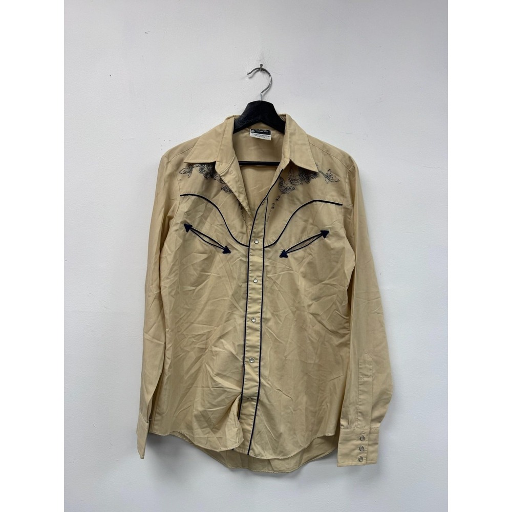 Vintage Saturdays Western Wear Shirt Mens‎ Small Tan Pearl Snap Embroidered 80s
